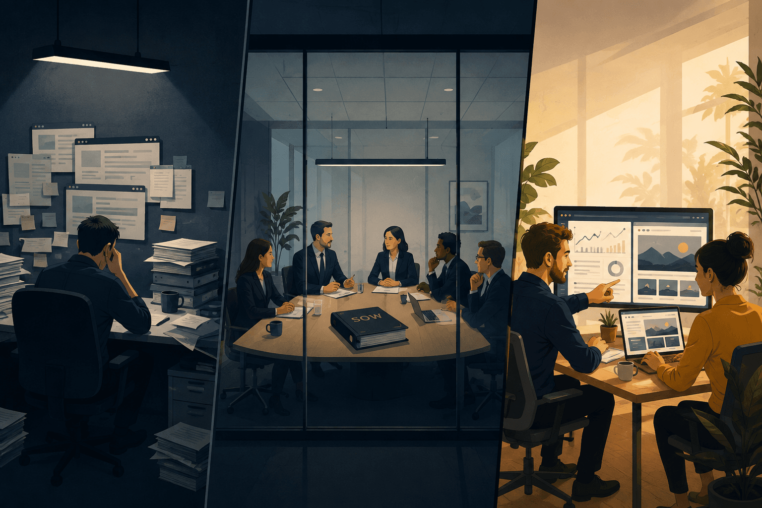3 Panels showing the differences between fractional marketing vs agency vs in house marketing